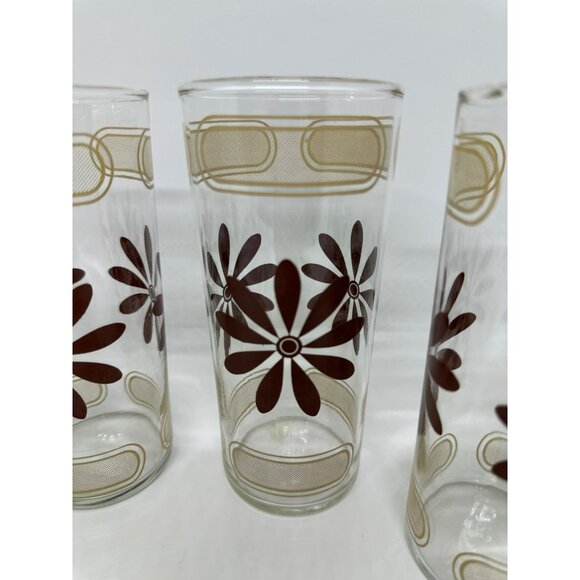 VTG MCM Brown Daisy Glass Tumblers | Set of 4, Gold Geometric Design, 6" Retro - Picture 5 of 5